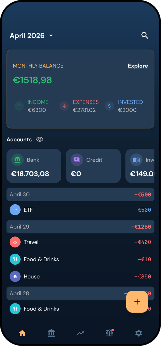 Momo Finance home screen — monthly balance, accounts, and recent transactions